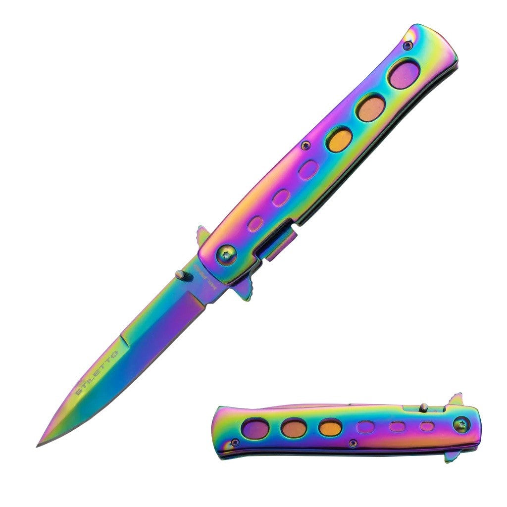 8.5 Inch stiletto style Milano Spring Action Knife - Rainbow